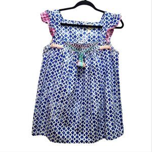 Matilda Jane Hula Hoop Blue Tassel Smocked Top Ruffle Sleeves Women Sz M Summer